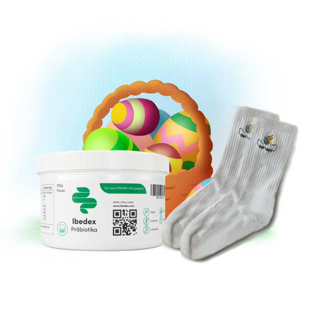 Osterkorb 3: Ibedex Präbiotika (Pulver, 150g) + Socken "Bee happy"