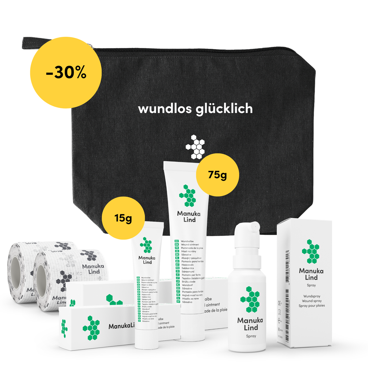 Wundpflege-Set L: Wundheilsalbe 15g + Wundheilsalbe 75g + Wundheilspray 30ml + Fixierbandage 2x + Kosmetiktasche