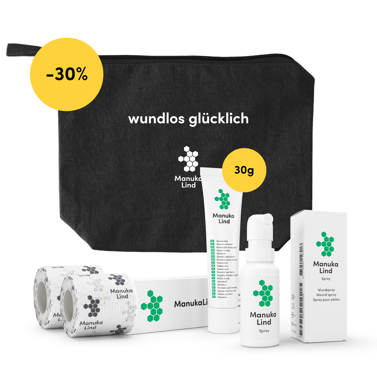 Wundpflege-Set M: Wundheilsalbe 30g + Wundheilspray 30ml + Fixierbandage 2x + Kosmetiktasche