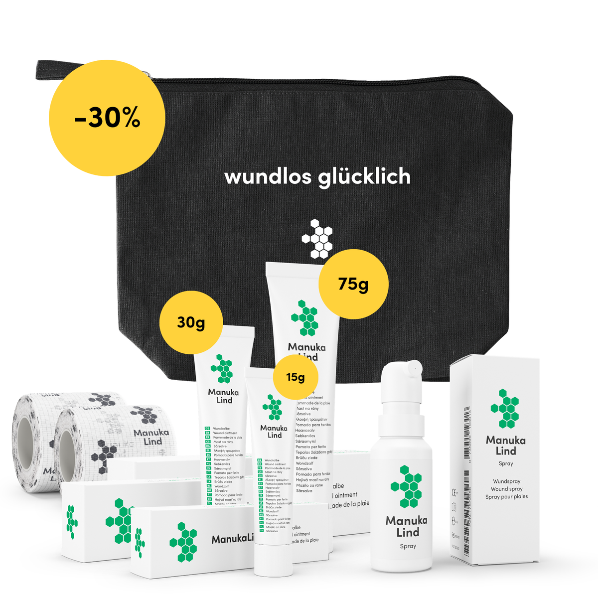 Wundpflege-Set XL: Wundheilsalbe 15g + 30g + 75g + Wundheilspray 30ml + Fixierbandage 2x + Kosmetiktasche