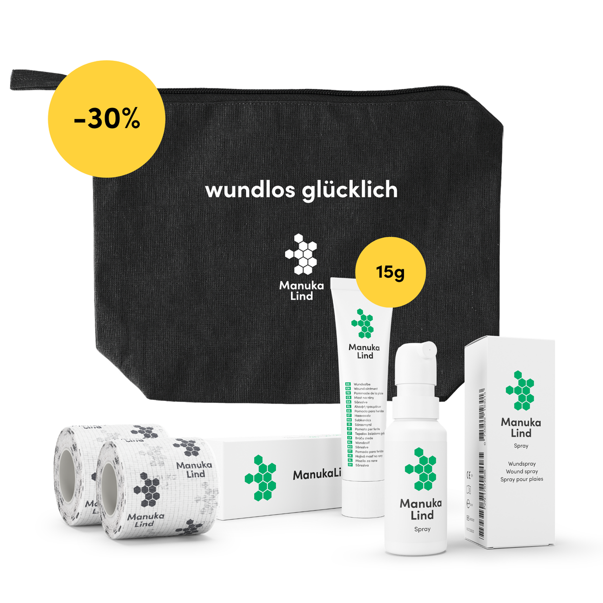 Wundpflege-Set S: Wundheilsalbe 15g + Spray 30ml + Fixierbandage 2x + Kosmetiktasche